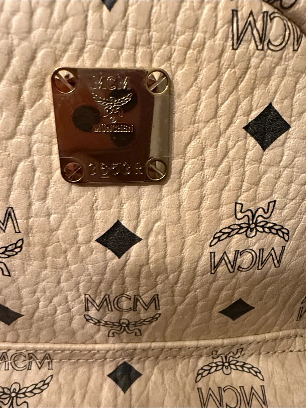 MCM Beige Logo Canvas Mini Backpack with Gold Plaque